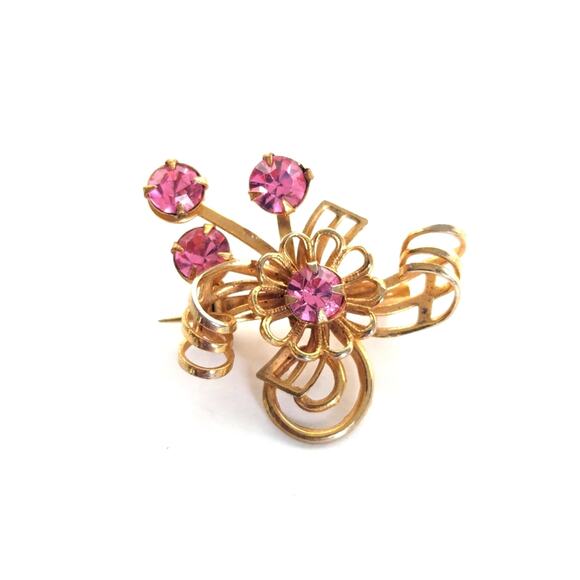 Unbranded Jewelry - Vintage Estate Gold Tone Prong Set Pink Rhinestone Floral Bow Burst Brooch